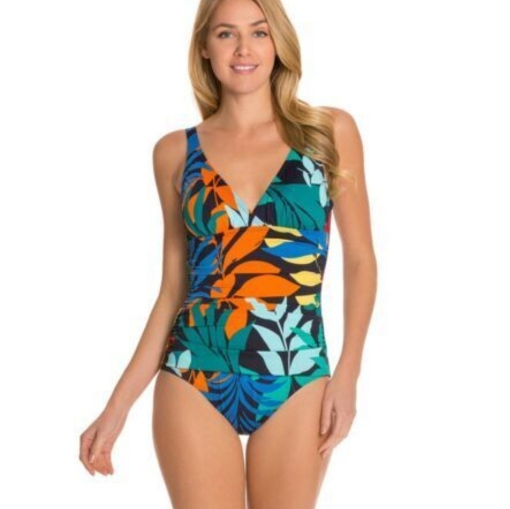 Tommy Bahama Womens One Piece Swimsuit Tropical Print Ruched Waist Size 6